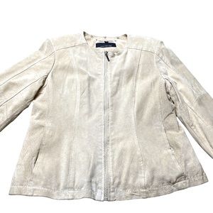 Suede Leather Jacket for Women - Cream Color, Front Zipper, Two Side Poc…